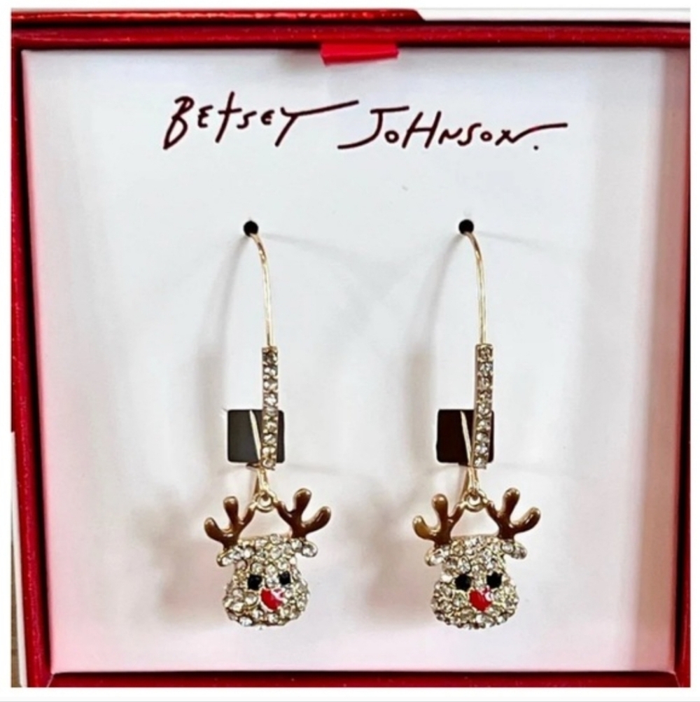 Betsey Johnson Gold Reindeer Crystal Drop Earrings - Red Accents